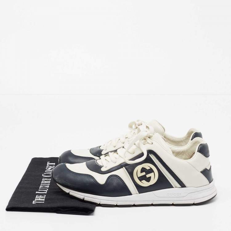 Pre Owned Gucci White/Navy Blue Leather Interlocking G Low Top Sneakers SIze 40.5