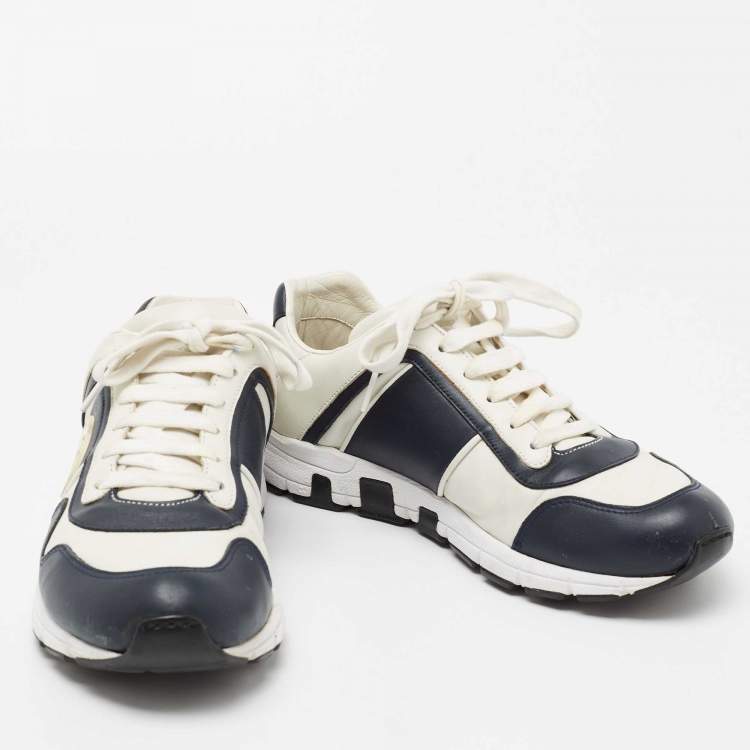 Pre Owned Gucci White/Navy Blue Leather Interlocking G Low Top Sneakers SIze 40.5