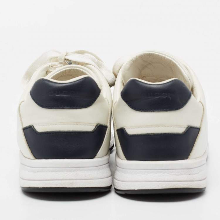 Pre Owned Gucci White/Navy Blue Leather Interlocking G Low Top Sneakers SIze 40.5