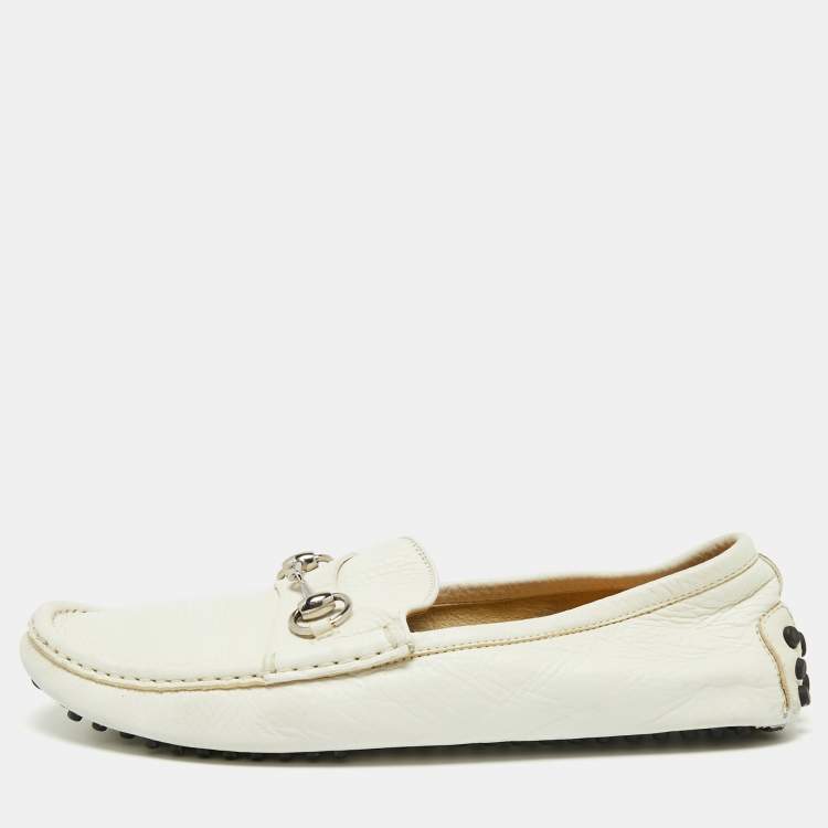 Pre Owned Gucci White Leather Horsebit Slip On Loafers Size 41 