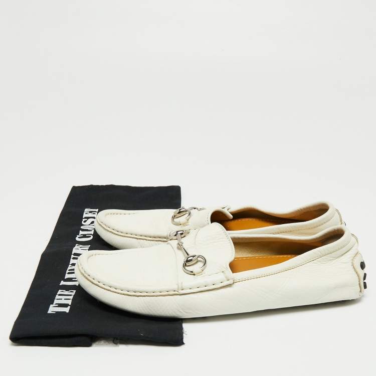 Pre Owned Gucci White Leather Horsebit Slip On Loafers Size 41 