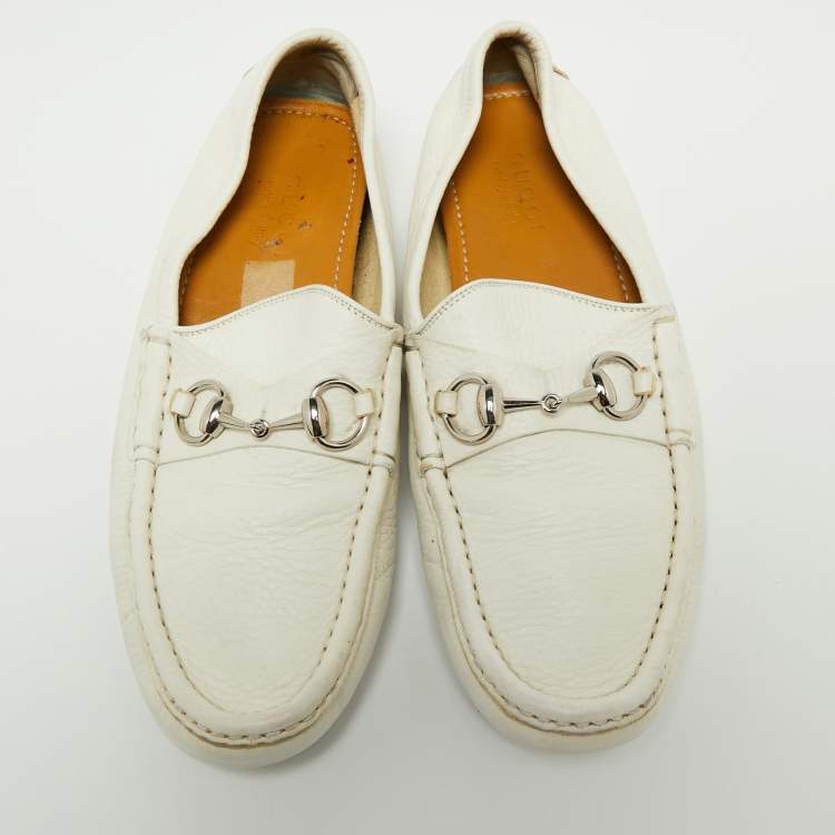Pre Owned Gucci White Leather Horsebit Slip On Loafers Size 41 