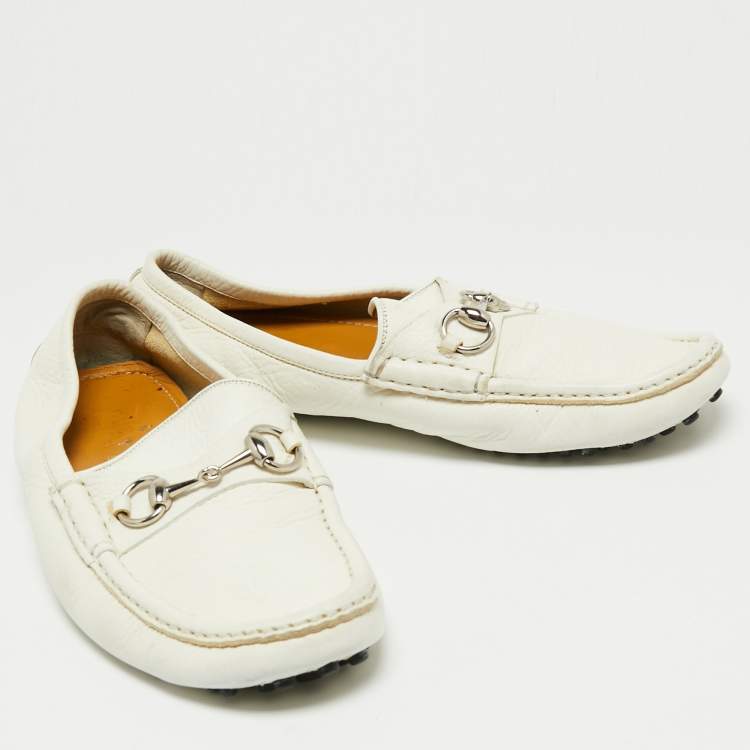 Pre Owned Gucci White Leather Horsebit Slip On Loafers Size 41 