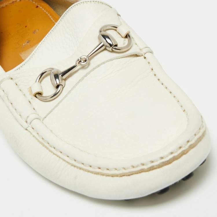 Pre Owned Gucci White Leather Horsebit Slip On Loafers Size 41 