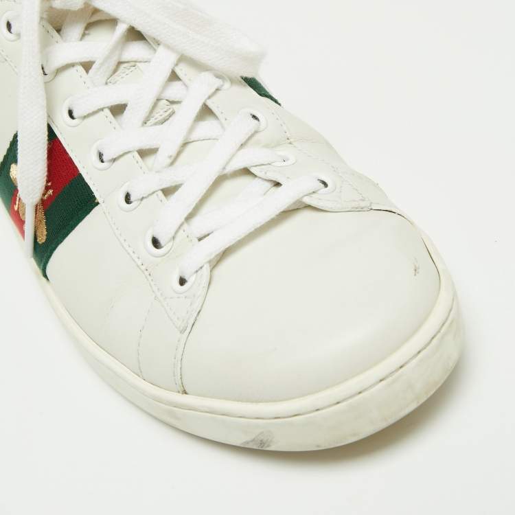 Pre Owned Gucci White Leather And Python Embossed Leather Ace Bee Web Low Top Sneakers Size 39.5 