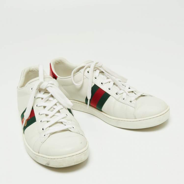 Pre Owned Gucci White Leather And Python Embossed Leather Ace Bee Web Low Top Sneakers Size 39.5 