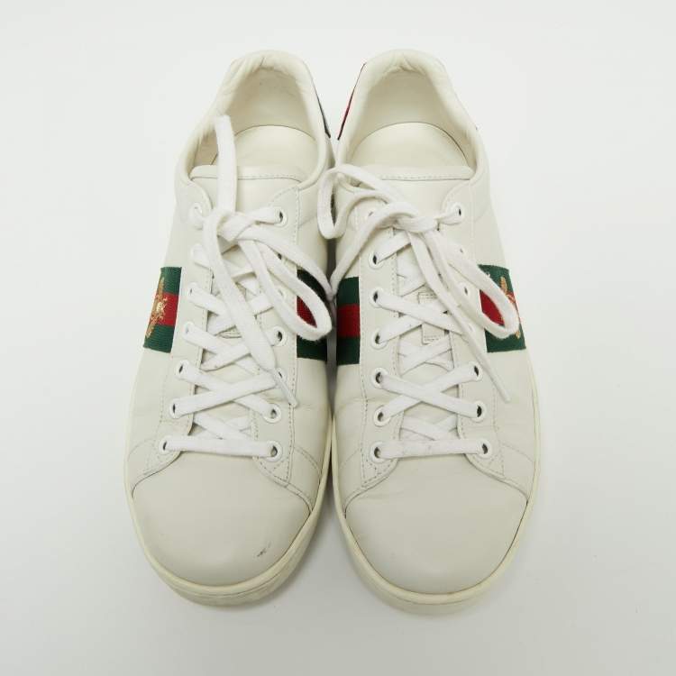 Pre Owned Gucci White Leather And Python Embossed Leather Ace Bee Web Low Top Sneakers Size 39.5 
