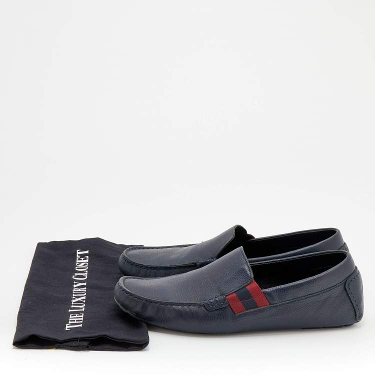 Pre Owned Gucci Black Leather Web Detail Praga Slip On Loafers Size 43.5