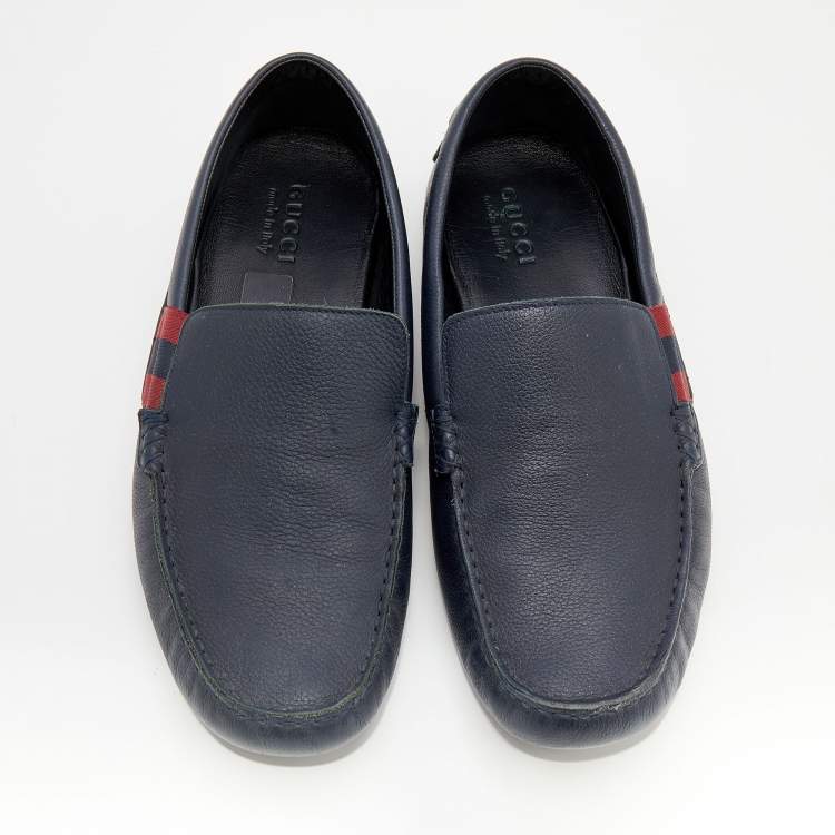 Pre Owned Gucci Black Leather Web Detail Praga Slip On Loafers Size 43.5