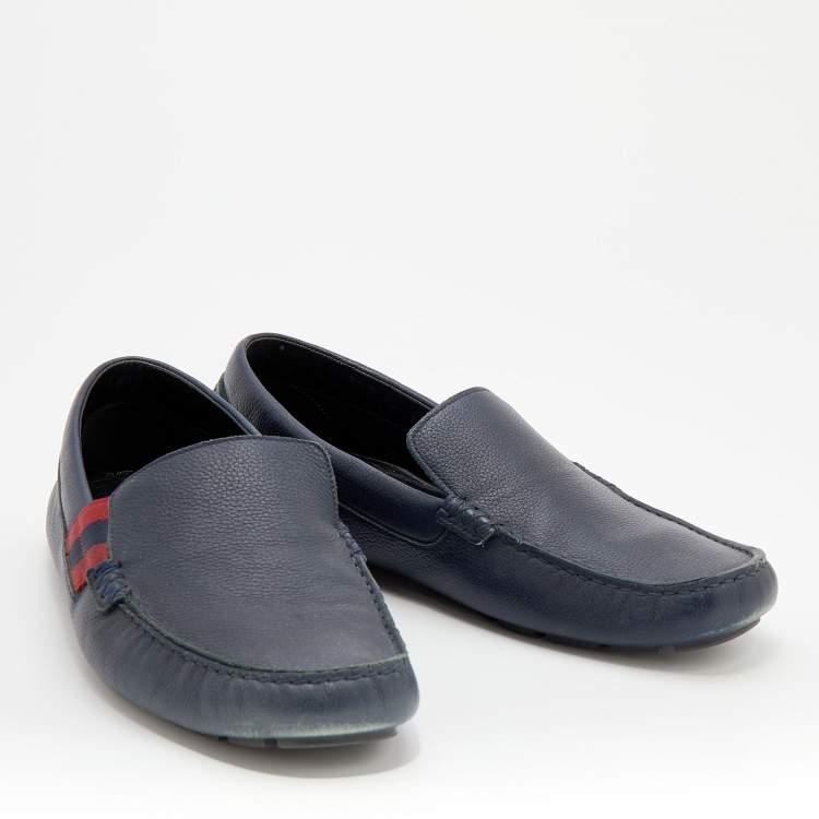 Pre Owned Gucci Black Leather Web Detail Praga Slip On Loafers Size 43.5