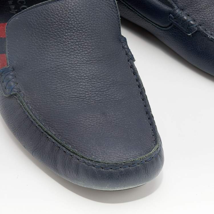 Pre Owned Gucci Black Leather Web Detail Praga Slip On Loafers Size 43.5