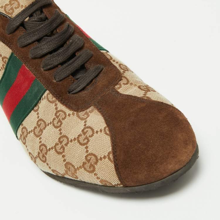 Pre Owned Gucci Brown/Beige GG Canvas and Suede Web Low Top Sneakers Size 44