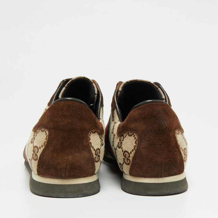 Pre Owned Gucci Brown/Beige GG Canvas and Suede Web Low Top Sneakers Size 44