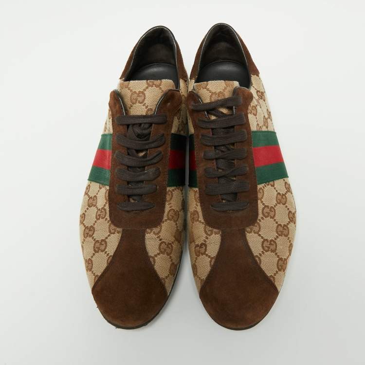 Pre Owned Gucci Brown/Beige GG Canvas and Suede Web Low Top Sneakers Size 44