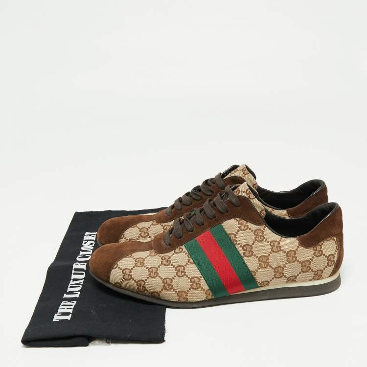 Pre Owned Gucci Brown/Beige GG Canvas and Suede Web Low Top Sneakers Size 44