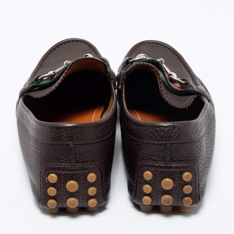 Pre Owned Gucci Brown Leather Web Horsebit Loafers Size 41