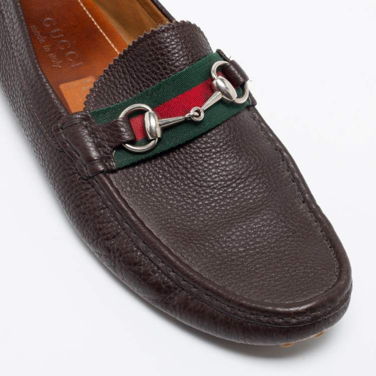 Pre Owned Gucci Brown Leather Web Horsebit Loafers Size 41
