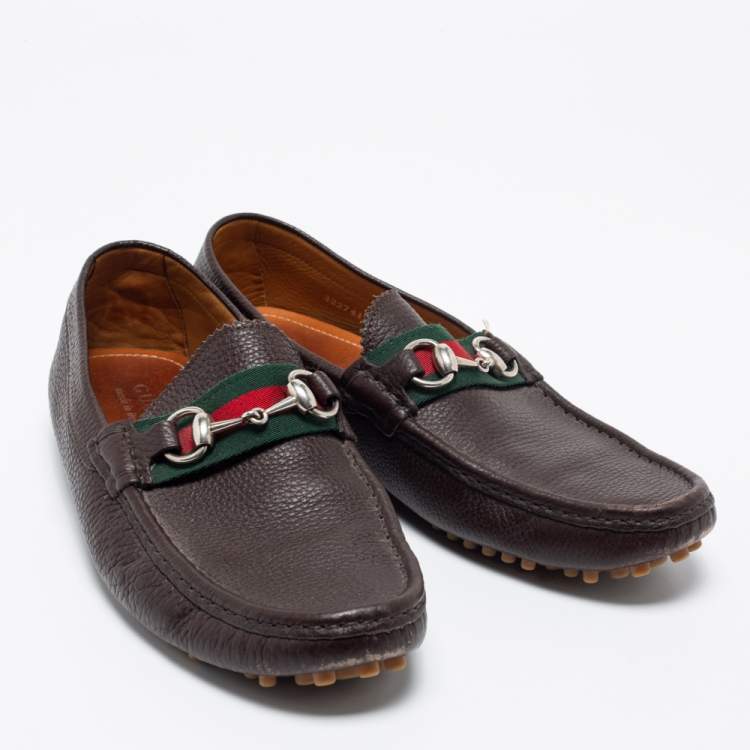 Pre Owned Gucci Brown Leather Web Horsebit Loafers Size 41
