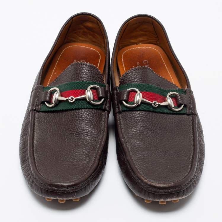 Pre Owned Gucci Brown Leather Web Horsebit Loafers Size 41