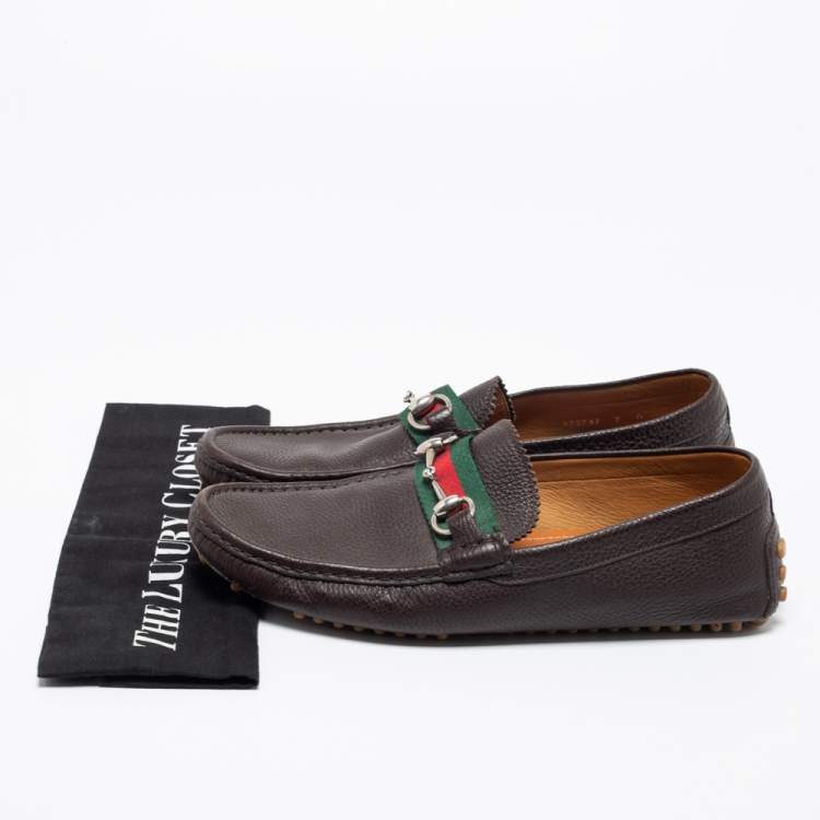 Pre Owned Gucci Brown Leather Web Horsebit Loafers Size 41