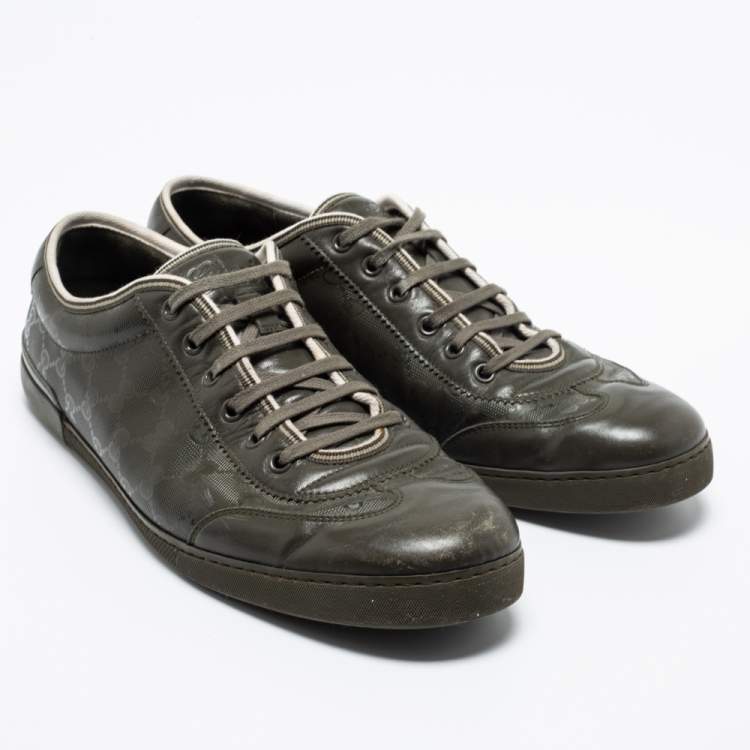 Pre Owned Gucci Olive Green Leather and GG Imprime Coated Canvas Low-Top Sneakers Size 45.5