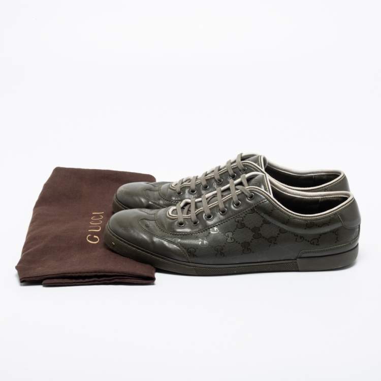 Pre Owned Gucci Olive Green Leather and GG Imprime Coated Canvas Low-Top Sneakers Size 45.5