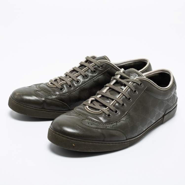 Pre Owned Gucci Olive Green Leather and GG Imprime Coated Canvas Low-Top Sneakers Size 45.5