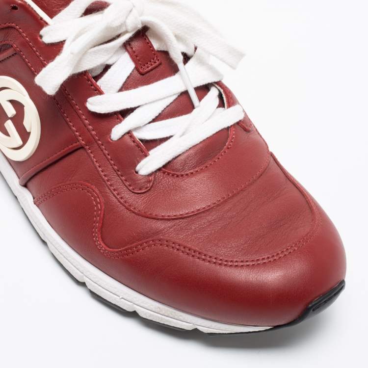 Pre Owned Gucci Red Leather Interlocking GG Low Top Sneakers Size 42.5