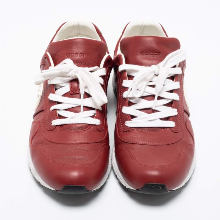 Pre Owned Gucci Red Leather Interlocking GG Low Top Sneakers Size 42.5