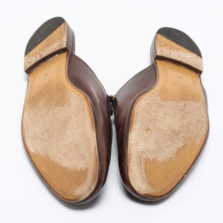 Pre Owned Gucci Brown Leather Princetown Horsebit Mules Size 44