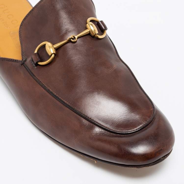 Pre Owned Gucci Brown Leather Princetown Horsebit Mules Size 44