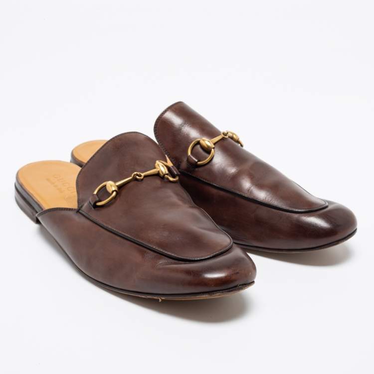 Pre Owned Gucci Brown Leather Princetown Horsebit Mules Size 44