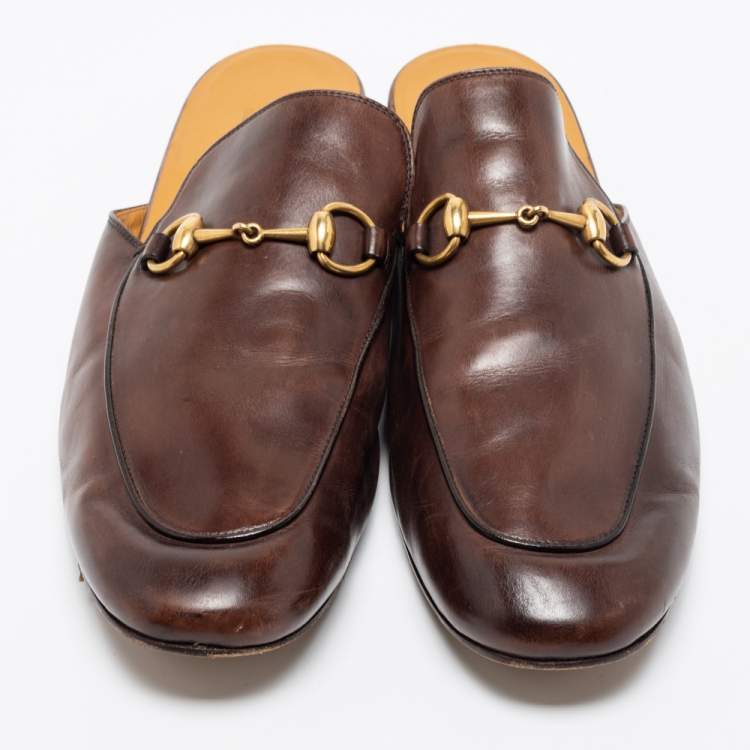 Pre Owned Gucci Brown Leather Princetown Horsebit Mules Size 44