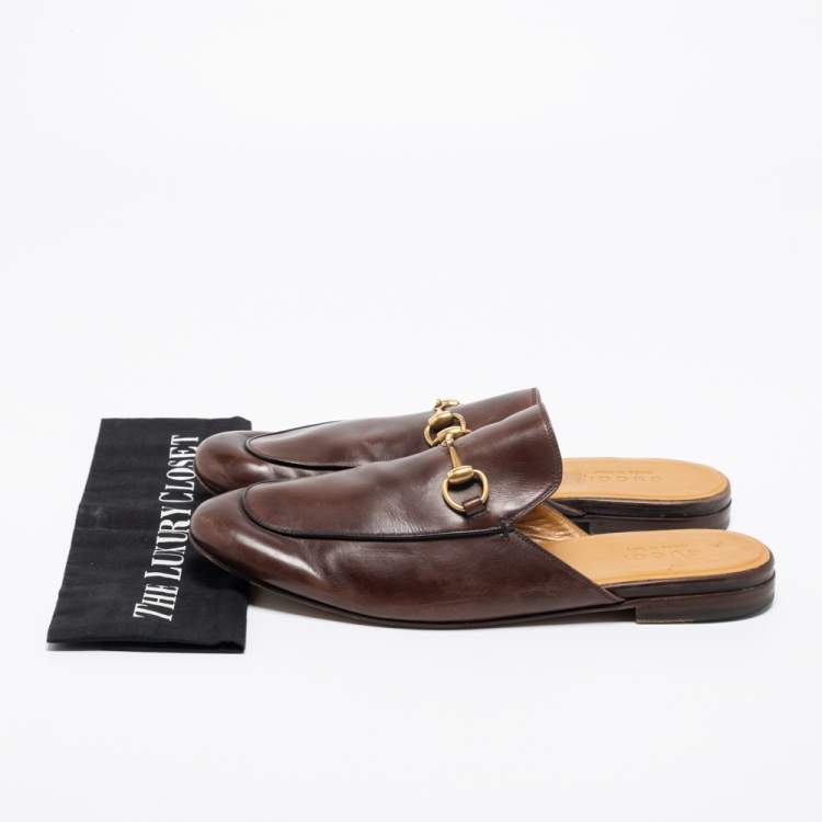 Pre Owned Gucci Brown Leather Princetown Horsebit Mules Size 44