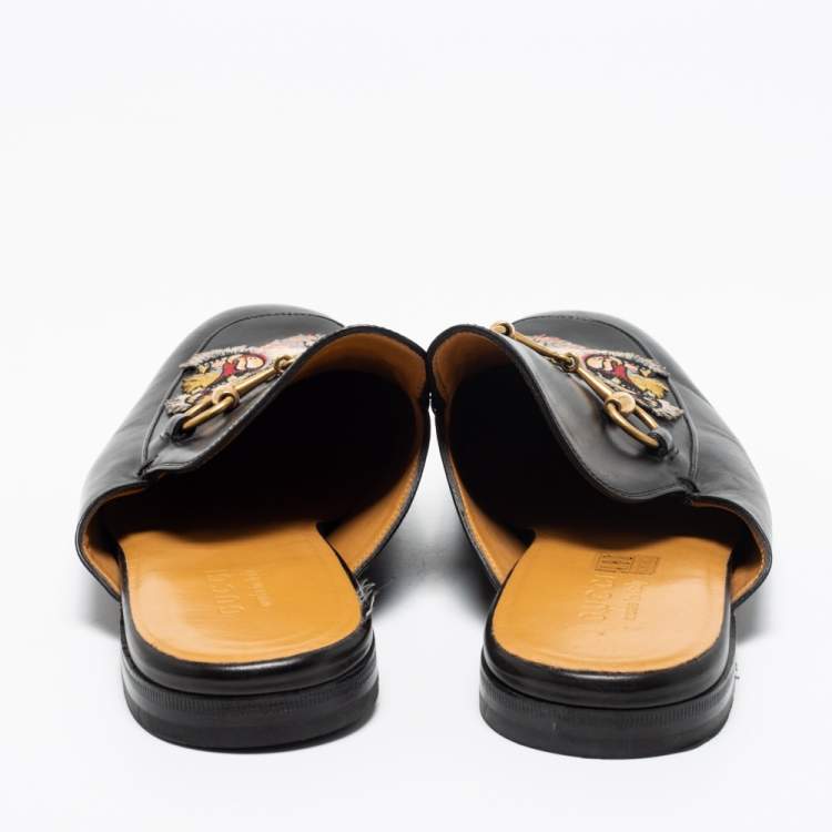 Pre Owned Gucci Black Leather Tiger Patch Horsebit Mules Size 44