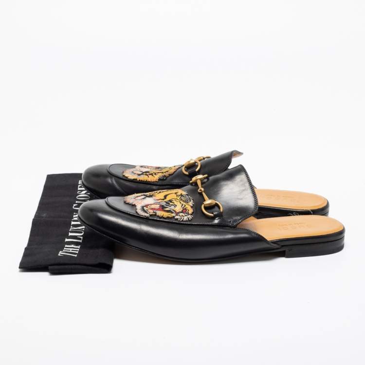 Pre Owned Gucci Black Leather Tiger Patch Horsebit Mules Size 44