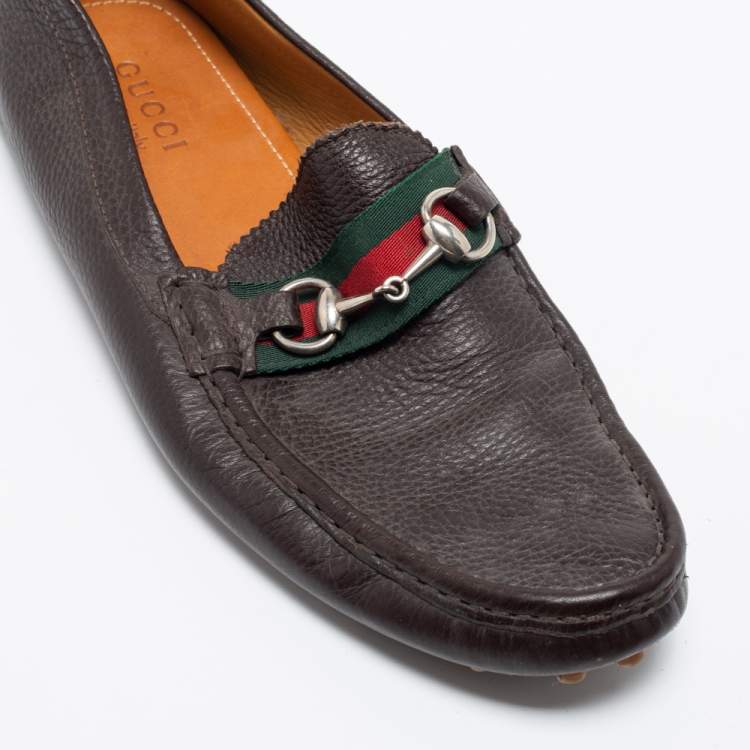 Pre Owned Gucci Brown Leather Web Horsebit Loafers Size 43.5