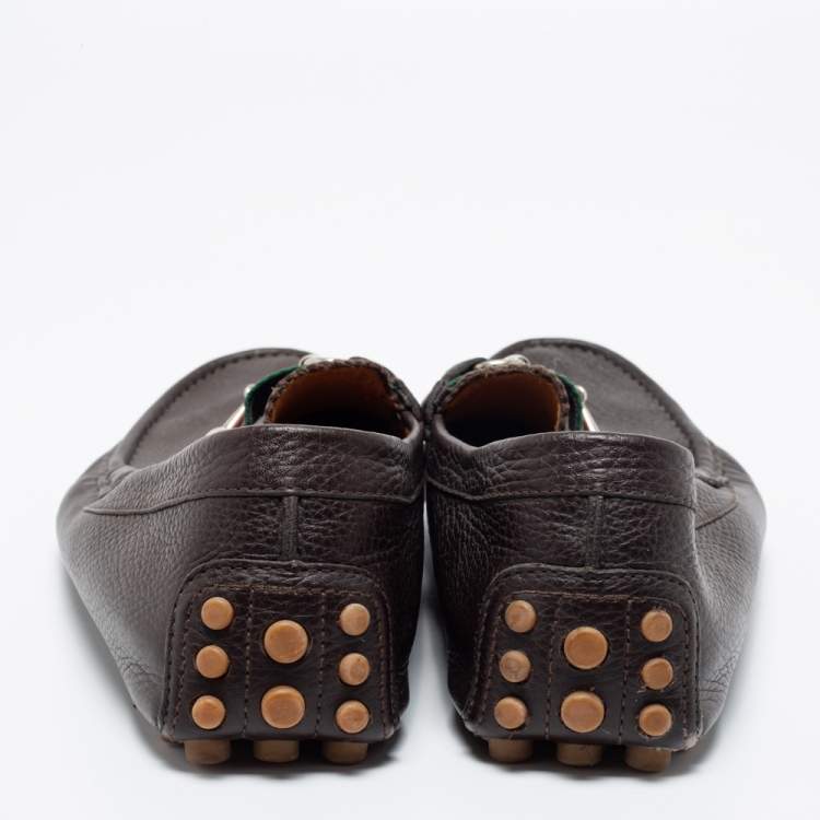 Pre Owned Gucci Brown Leather Web Horsebit Loafers Size 43.5
