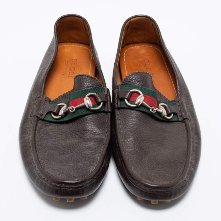 Pre Owned Gucci Brown Leather Web Horsebit Loafers Size 43.5