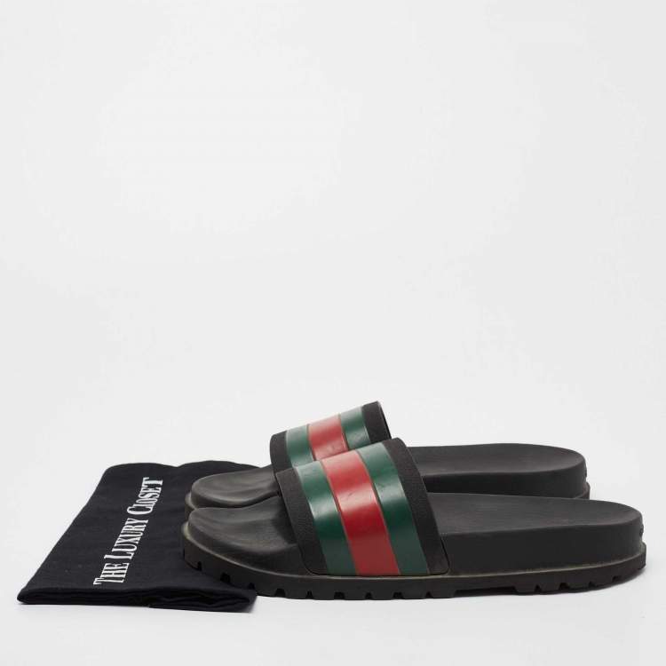 Pre Owned Gucci Black Rubber Web Detail Slide Sandals Size 44