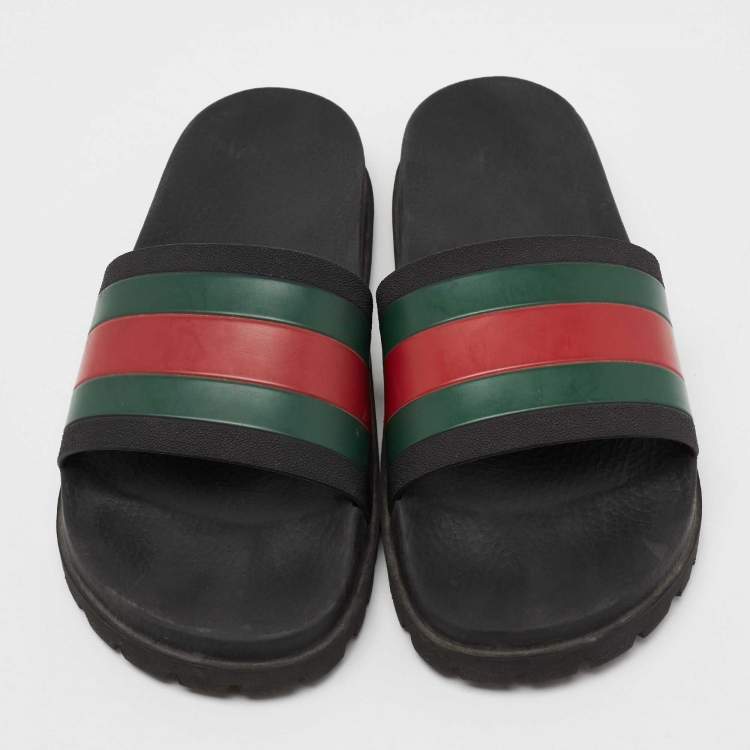 Pre Owned Gucci Black Rubber Web Detail Slide Sandals Size 44