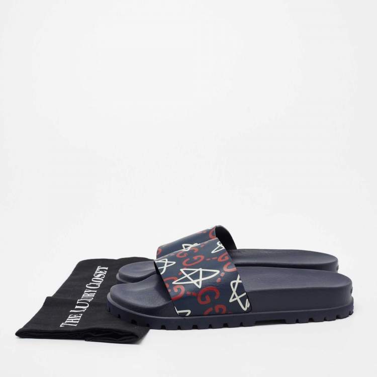 Pre Owned Gucci Navy Blue Leather Logo Pool Slides Size 44