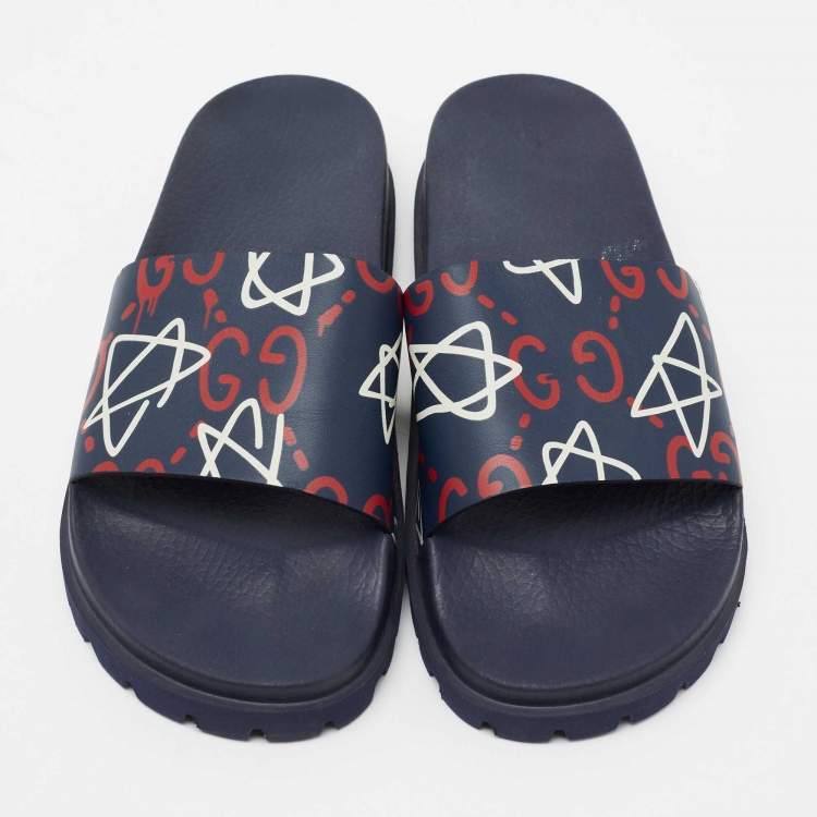 Pre Owned Gucci Navy Blue Leather Logo Pool Slides Size 44