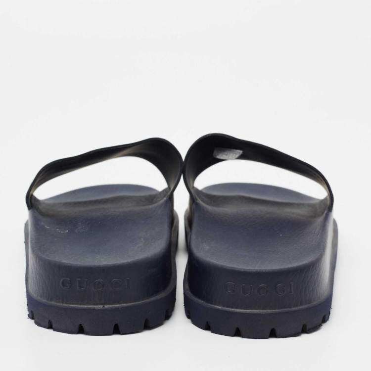 Pre Owned Gucci Navy Blue Leather Logo Pool Slides Size 44
