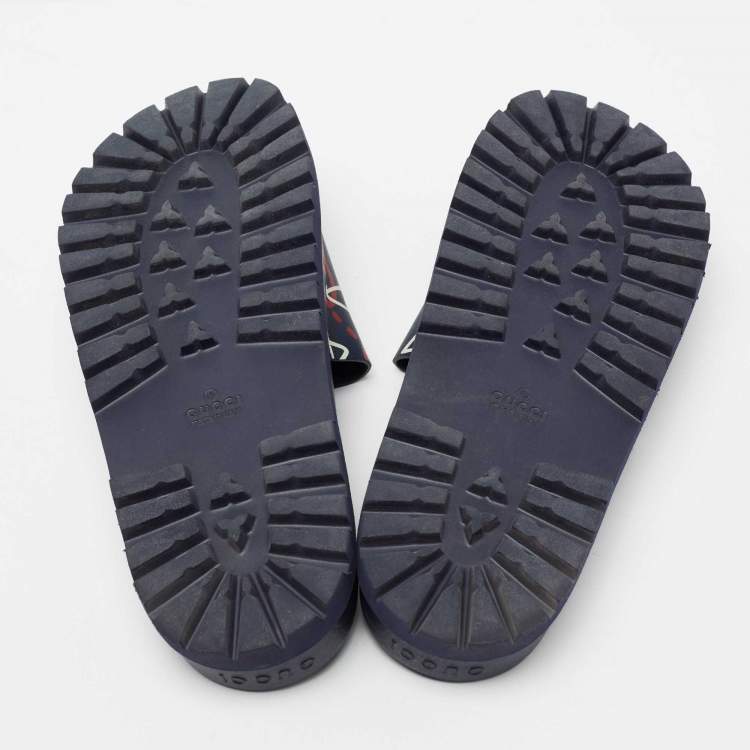 Pre Owned Gucci Navy Blue Leather Logo Pool Slides Size 44