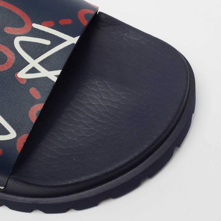 Pre Owned Gucci Navy Blue Leather Logo Pool Slides Size 44