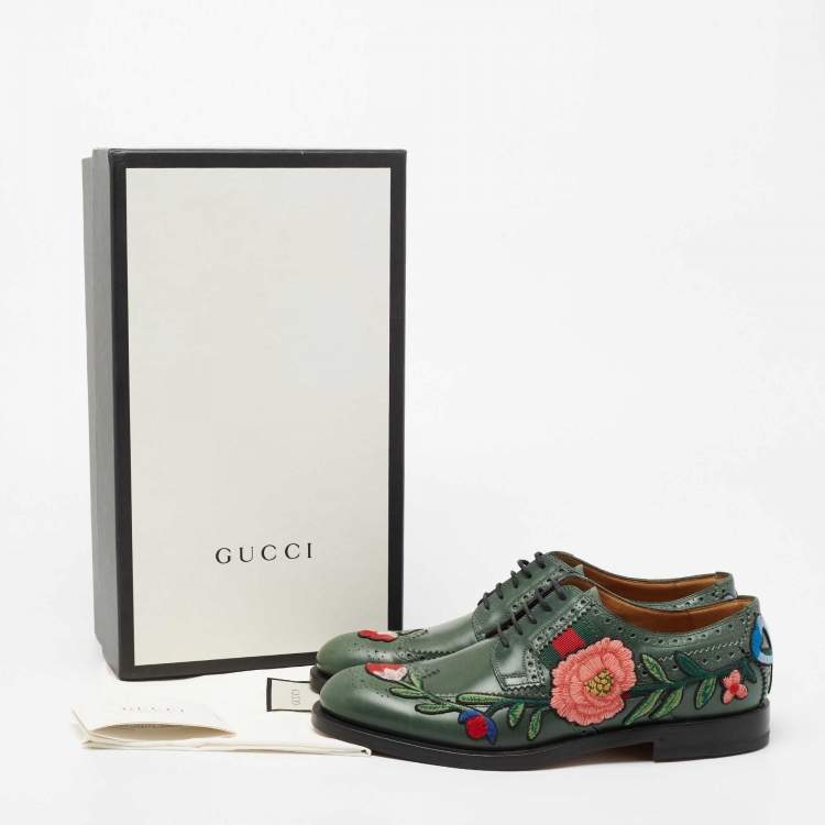 Pre Owned Gucci Green Leather Web Accent Leather Brogues Oxford Size 42