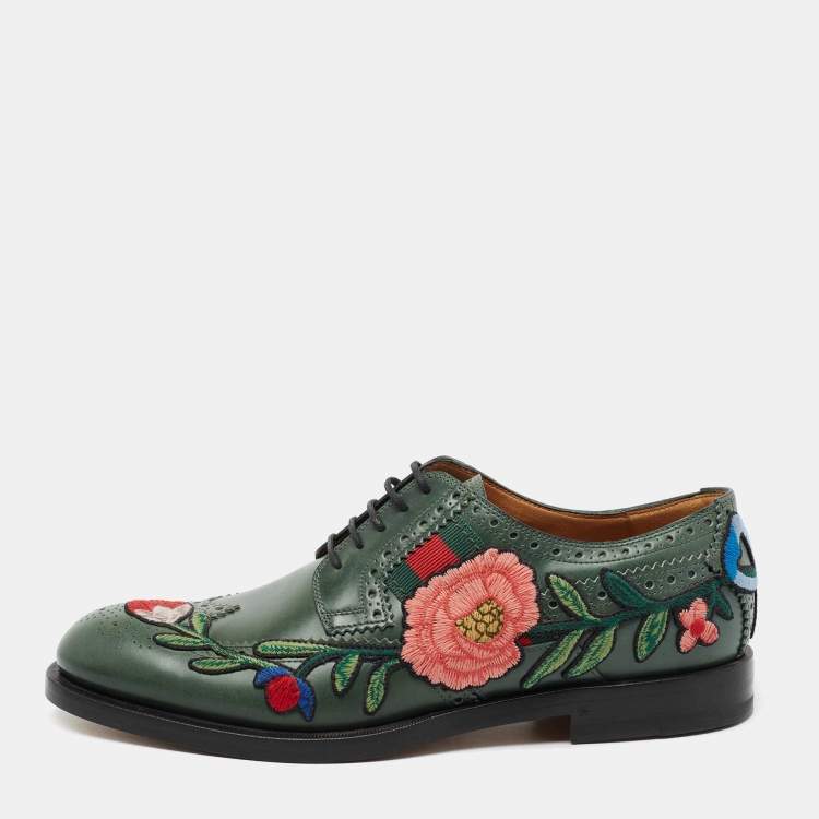 Pre Owned Gucci Green Leather Web Accent Leather Brogues Oxford Size 42