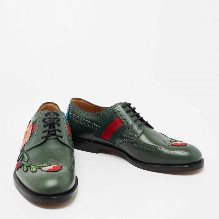Pre Owned Gucci Green Leather Web Accent Leather Brogues Oxford Size 42