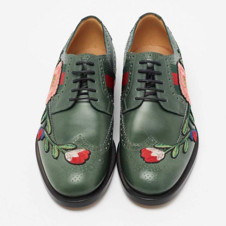 Pre Owned Gucci Green Leather Web Accent Leather Brogues Oxford Size 42